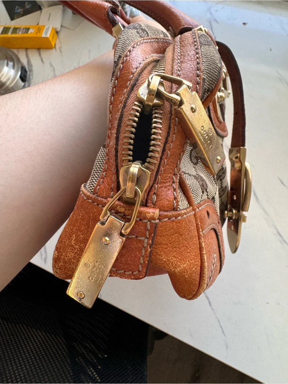 Gucci Tan/Brown GG Canvas Satchel with Orange-Tan Leather Trim